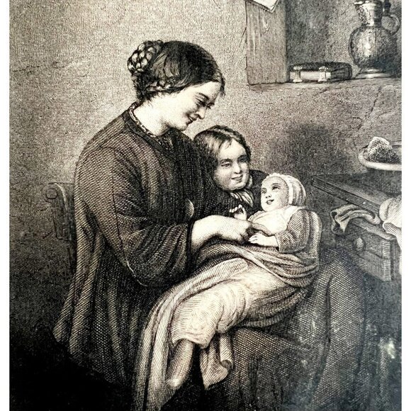 The New Baby At Home With Mother Steel Engraving 1859 Victorian Art DWY5D